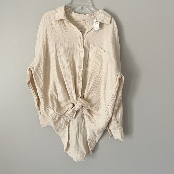 Aerie Size XXS Gauzy Cotton Long Sleeve Button Oversized Tie Front Knot Top NWT - Picture 1 of 7